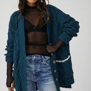 Free People Montana Cable Cardi Cardigan Sweater Button Front Navy XS New